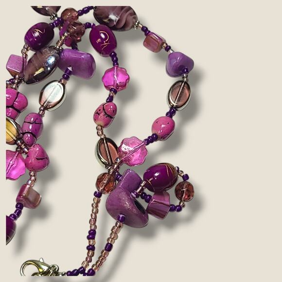 Vintage Bright Purple Stone Art Glass & MOP Shell Bead Necklace 42" - Picture 8 of 11